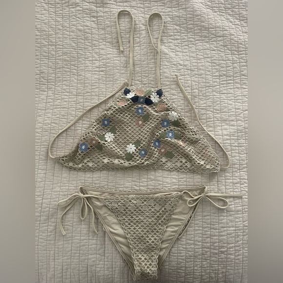 aerie Other - Aerie Cream Crochet Bikini Set with Floral Accents